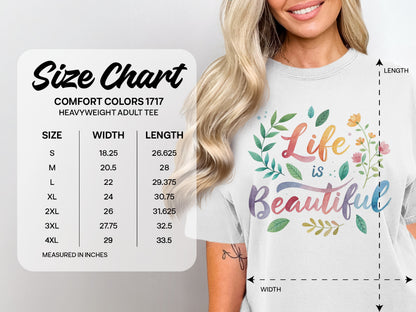 Comfort Colors heavyweight adult tee size chart with graphic.