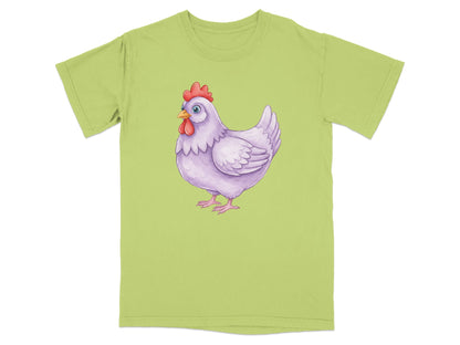 Light purple hen with blue eyes and red comb on a light green t-shirt.