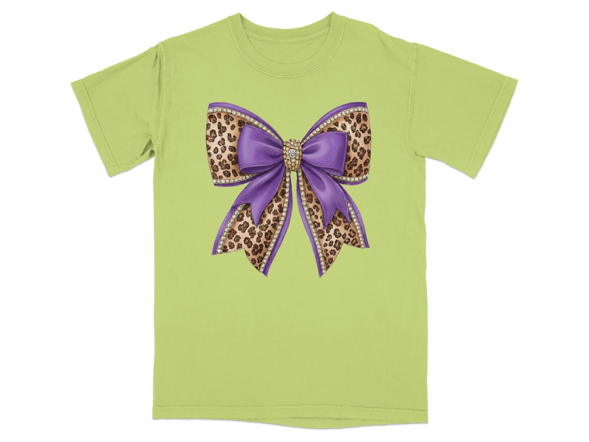Green t-shirt with a large purple and leopard print bow design.