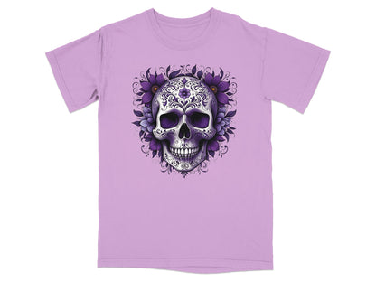 Purple t-shirt featuring a decorative skull with floral accents.
