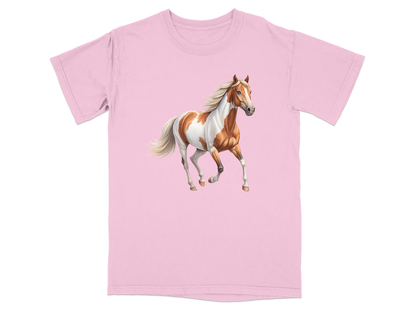 Pink t-shirt featuring a running brown and white horse illustration.