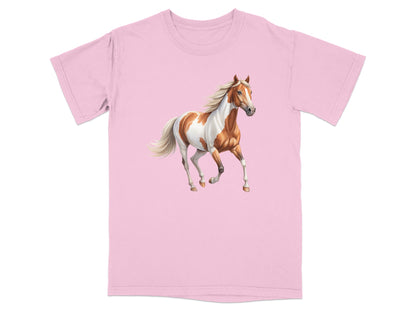 Pink t-shirt featuring a running brown and white horse illustration.