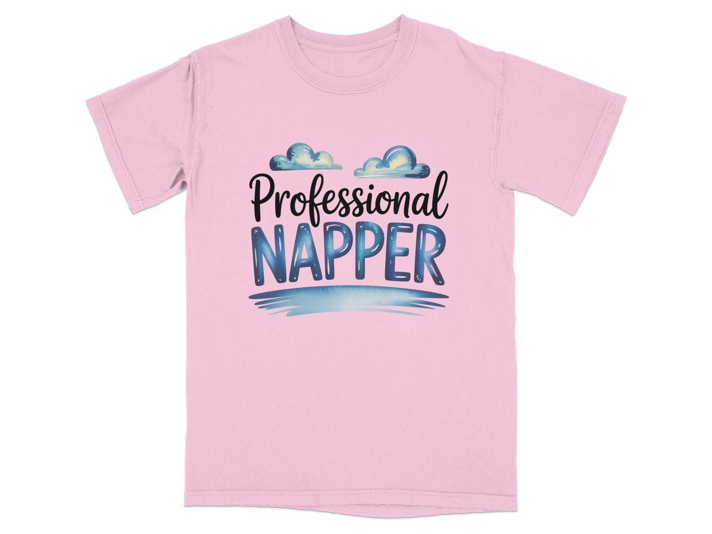 Pink t-shirt with "Professional Napper" text and cloud graphics.