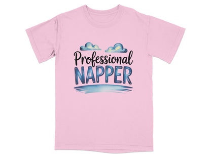 Pink t-shirt with "Professional Napper" text and cloud graphics.