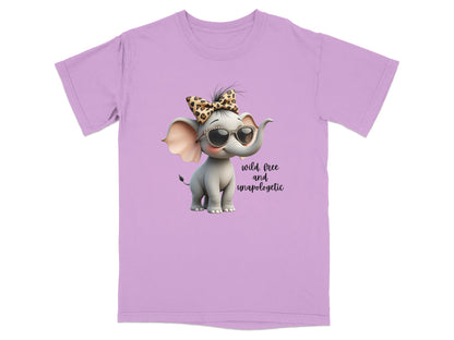 Lilac t-shirt with a cartoon elephant wearing sunglasses and a leopard print bow, text reads "wild, free and unapologetic".
