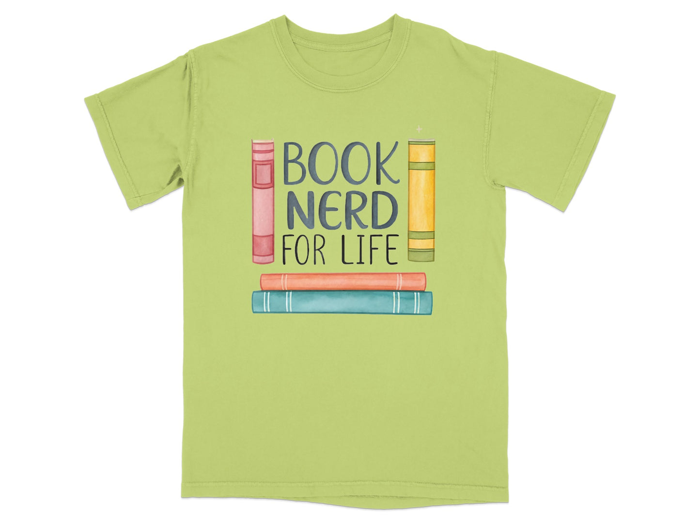 T-shirt with "Book Nerd for Life" text and stacked books illustration.