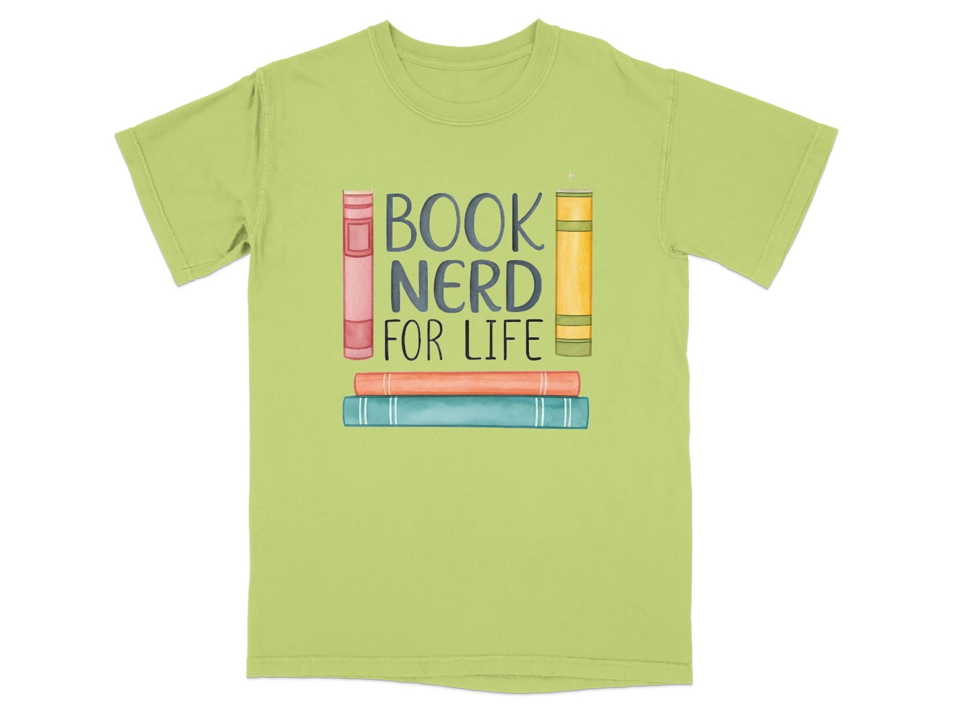 T-shirt with "Book Nerd for Life" text and stacked books illustration.