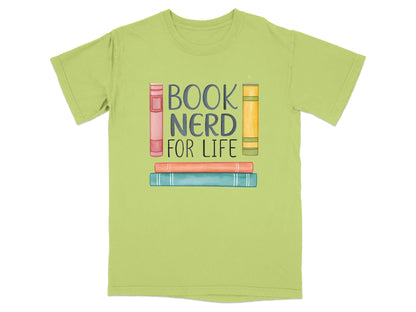 T-shirt with "Book Nerd for Life" text and stacked books illustration.