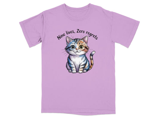 T-shirt with a cute tabby cat and text "Nine lives, Zero regrets".