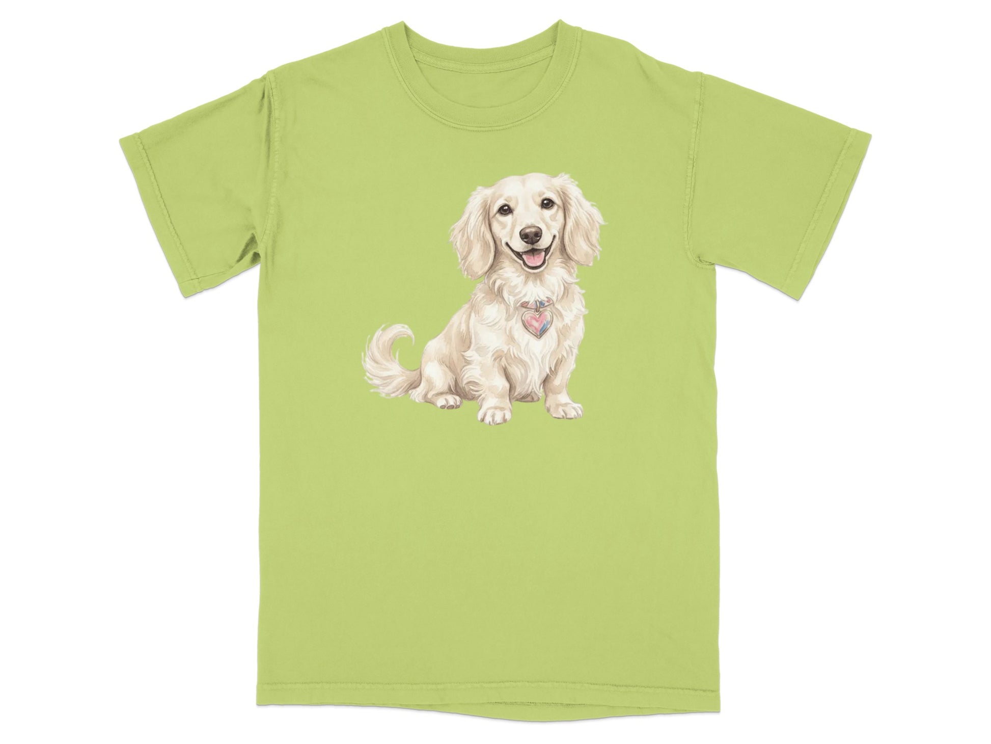 T-shirt with illustration of a smiling cream dachshund wearing a heart-shaped pendant.