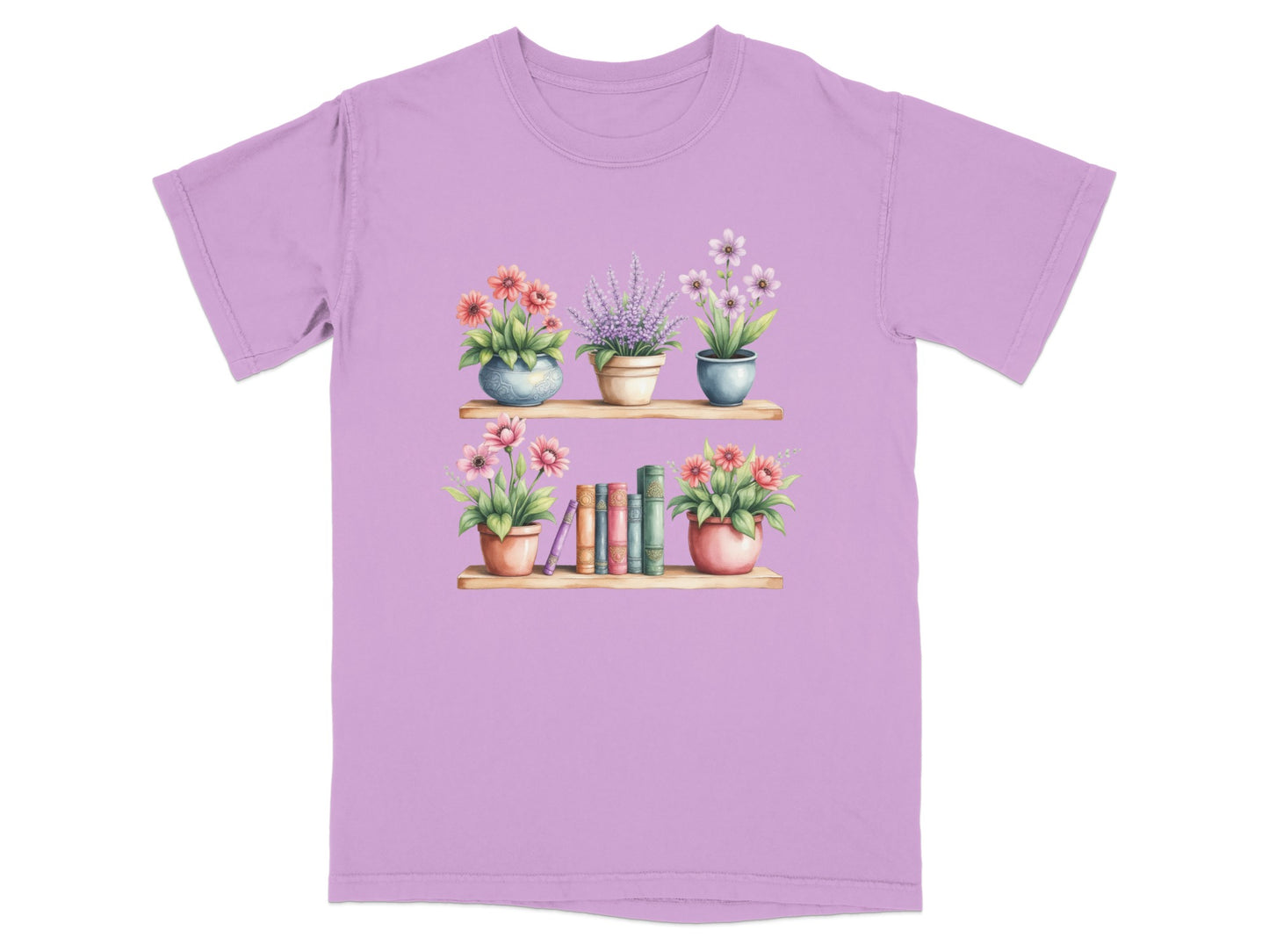 Watercolor illustration of shelves with books and potted flowers on a lavender t-shirt.