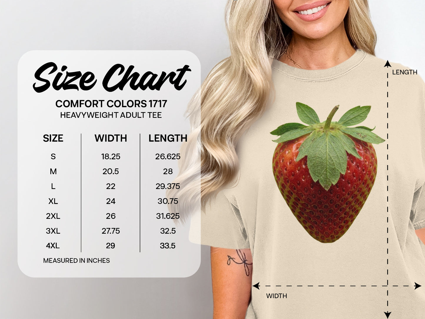 Comfort Colors 1717 heavyweight adult tee size chart with strawberry.