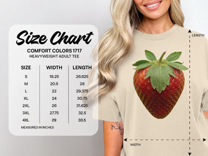 Comfort Colors 1717 heavyweight adult tee size chart with strawberry.