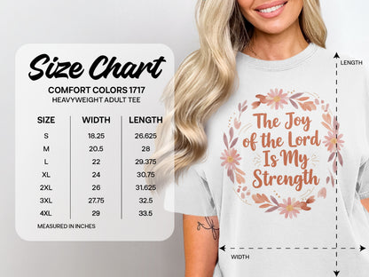 Comfort Colors 1717 heavyweight adult tee size chart with measurements.