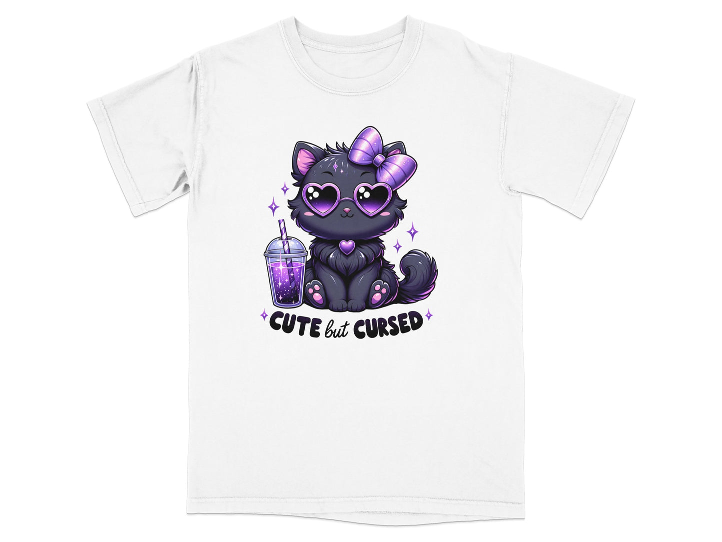 Cute black cat with heart sunglasses and bow holding a purple drink, text "cute but cursed".