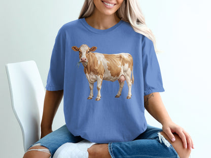 Brown and white cow eating grass, printed on a blue t-shirt.