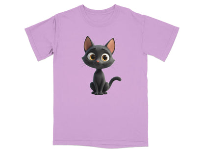 Lilac t-shirt with a cute cartoon black cat graphic.