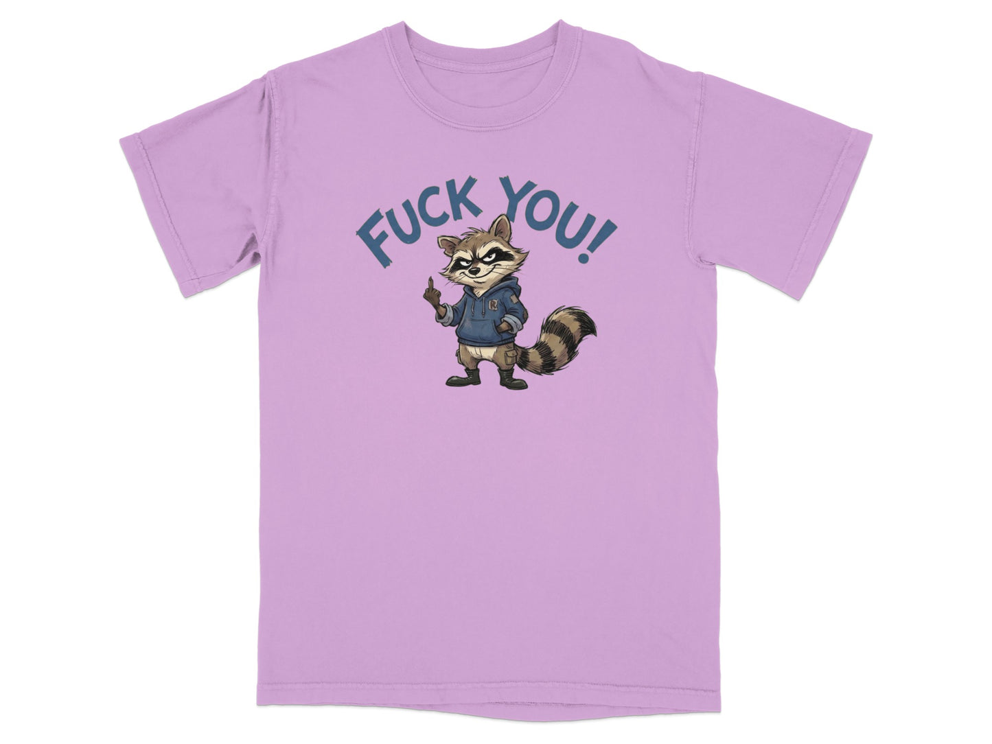 Lavender t-shirt with raccoon giving the middle finger and "FUCK YOU!" text.