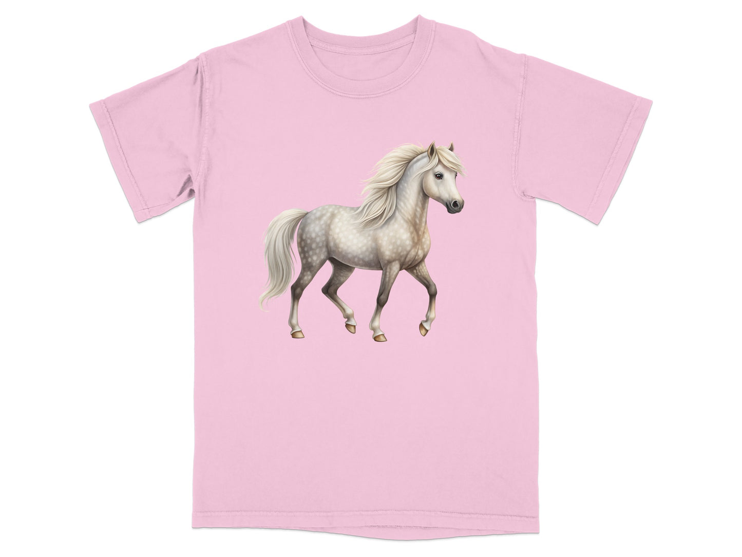 Pink t-shirt with a white and grey dappled pony illustration.