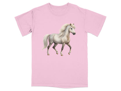 Pink t-shirt with a white and grey dappled pony illustration.