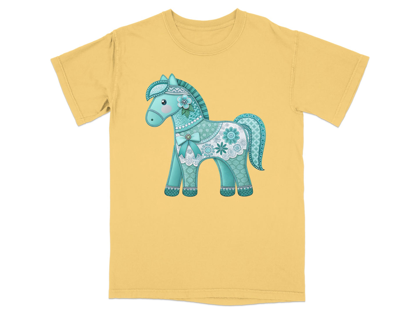Turquoise horse graphic with floral and lace details on a yellow t-shirt.