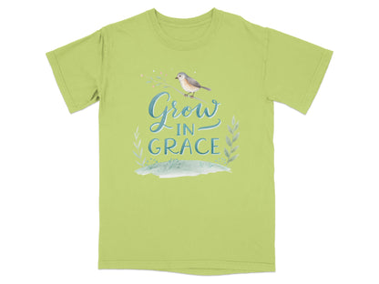 Lime green t-shirt with a bird and "Grow in Grace" text.