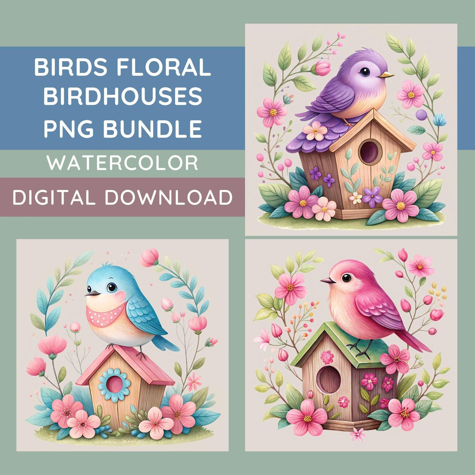 Cute Birds & Birdhouses Watercolor Clipart Bundle | 15 PNG Designs