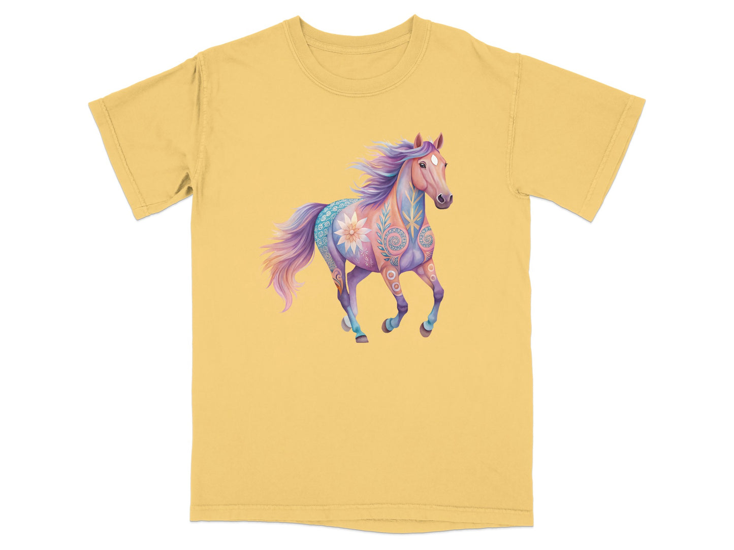 Yellow t-shirt with a colorful, patterned horse graphic.