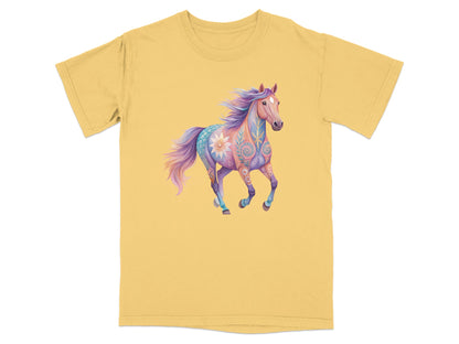 Yellow t-shirt with a colorful, patterned horse graphic.