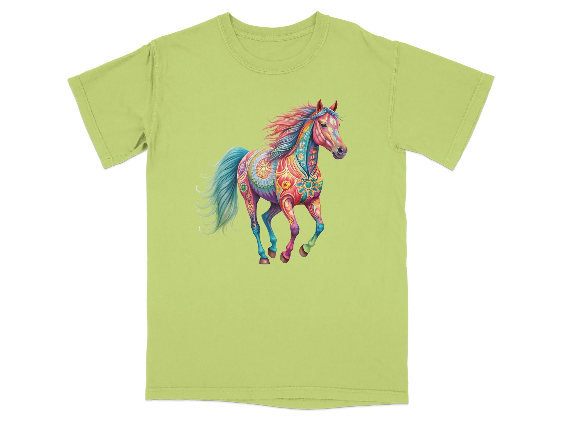 T-shirt with colorful, ornate horse graphic.