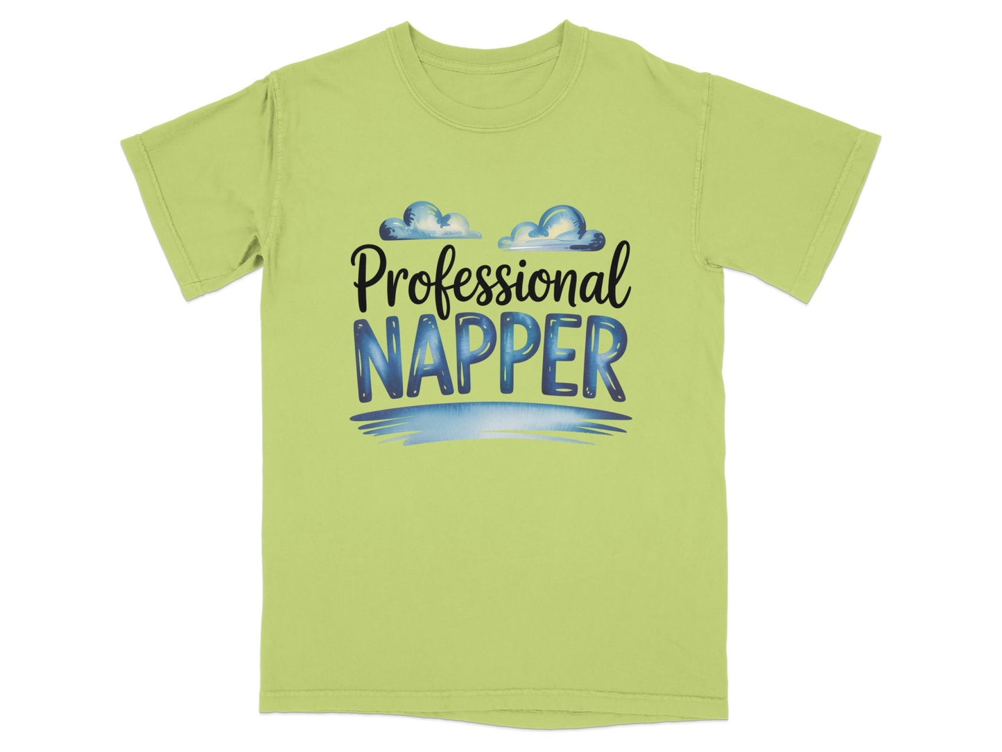 Light green t-shirt with "Professional Napper" text and cloud graphics.