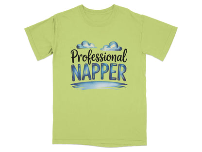 Light green t-shirt with "Professional Napper" text and cloud graphics.