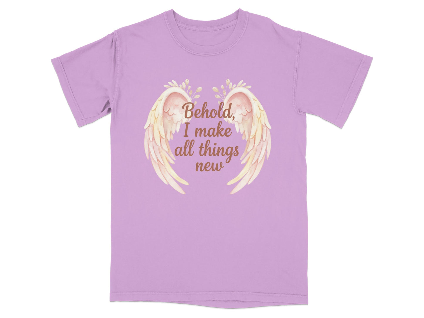 Purple t-shirt with "Behold, I make all things new" and angel wings.