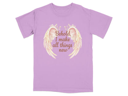 Purple t-shirt with "Behold, I make all things new" and angel wings.