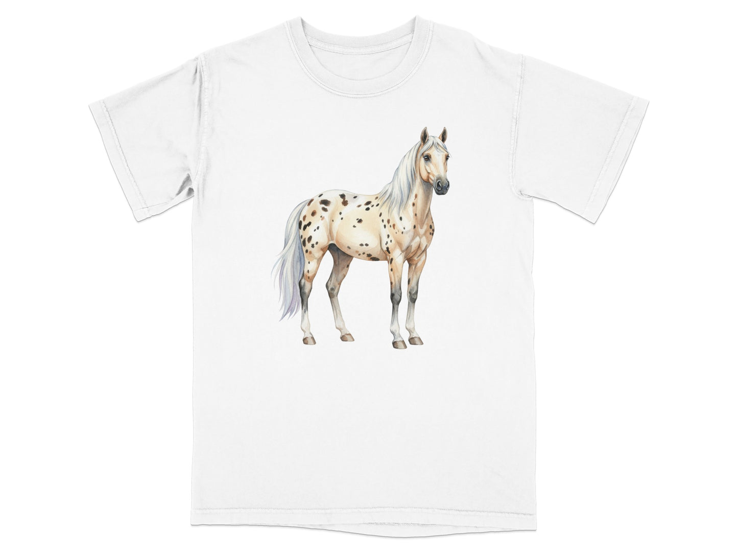 White t-shirt with a watercolor painting of an appaloosa horse.