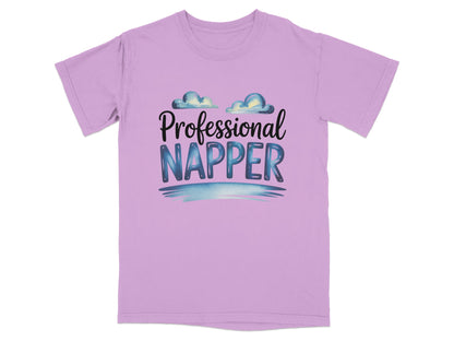 Lavender t-shirt with "Professional Napper" text and cloud graphics.