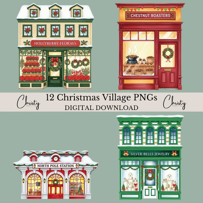 Christmas Village Watercolor Clipart Bundle | 12 PNG Designs