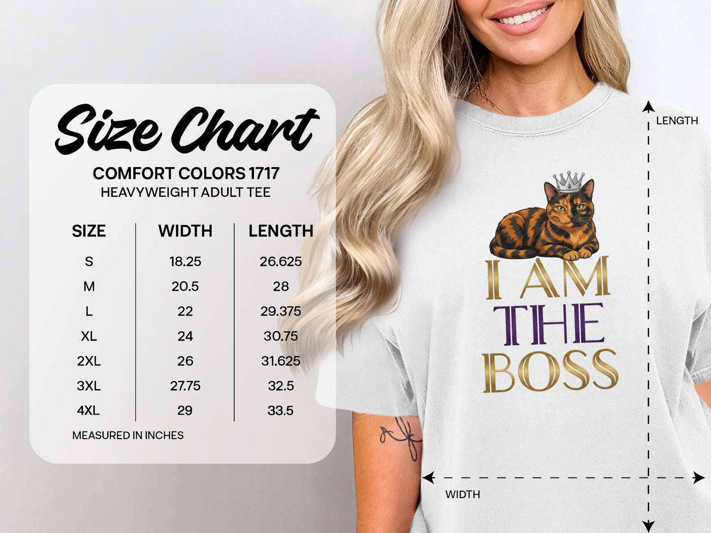 Size chart for heavyweight adult tee with "I AM THE BOSS" graphic and cat.