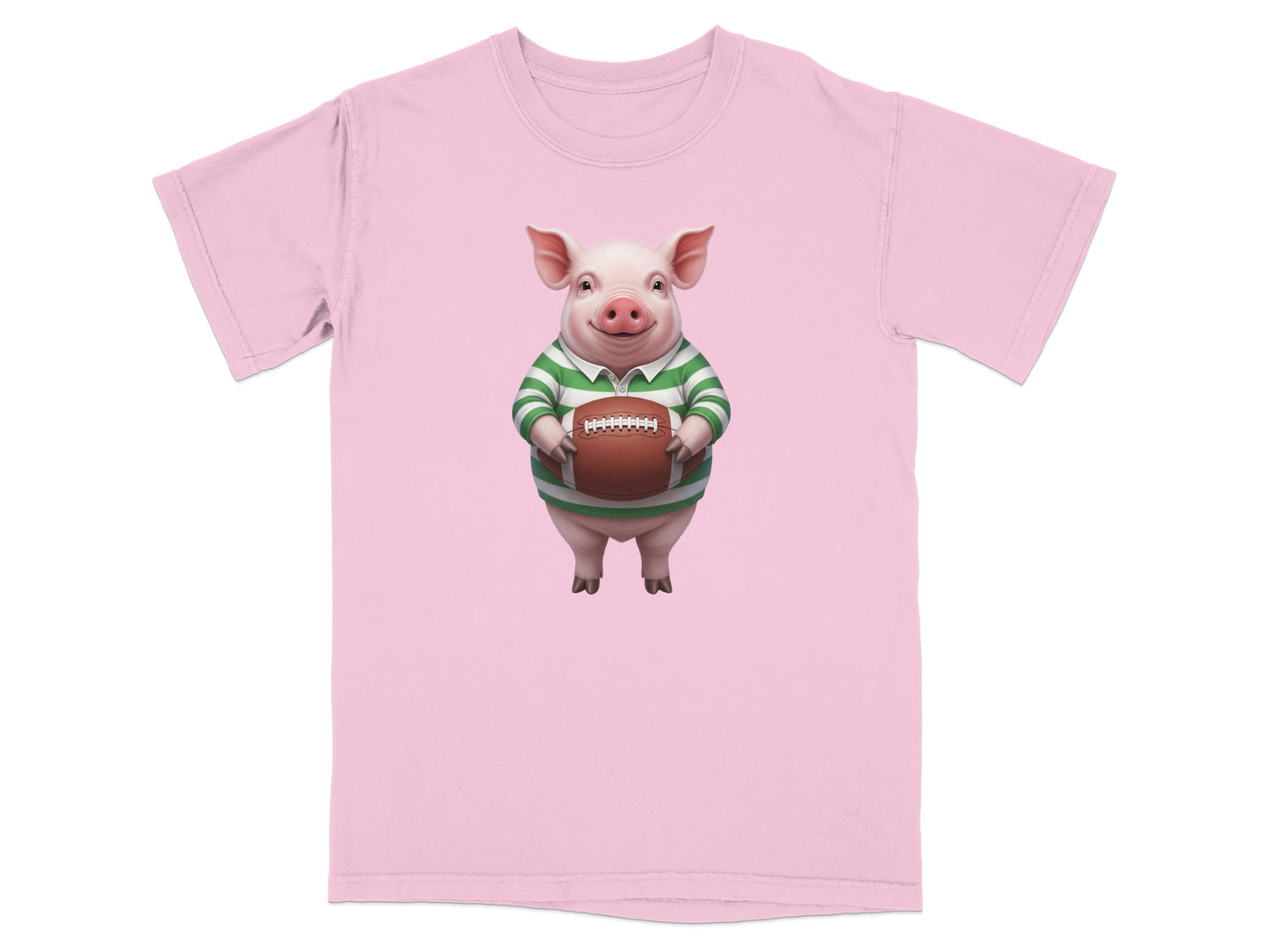 Pink t-shirt with cartoon pig holding a rugby ball.