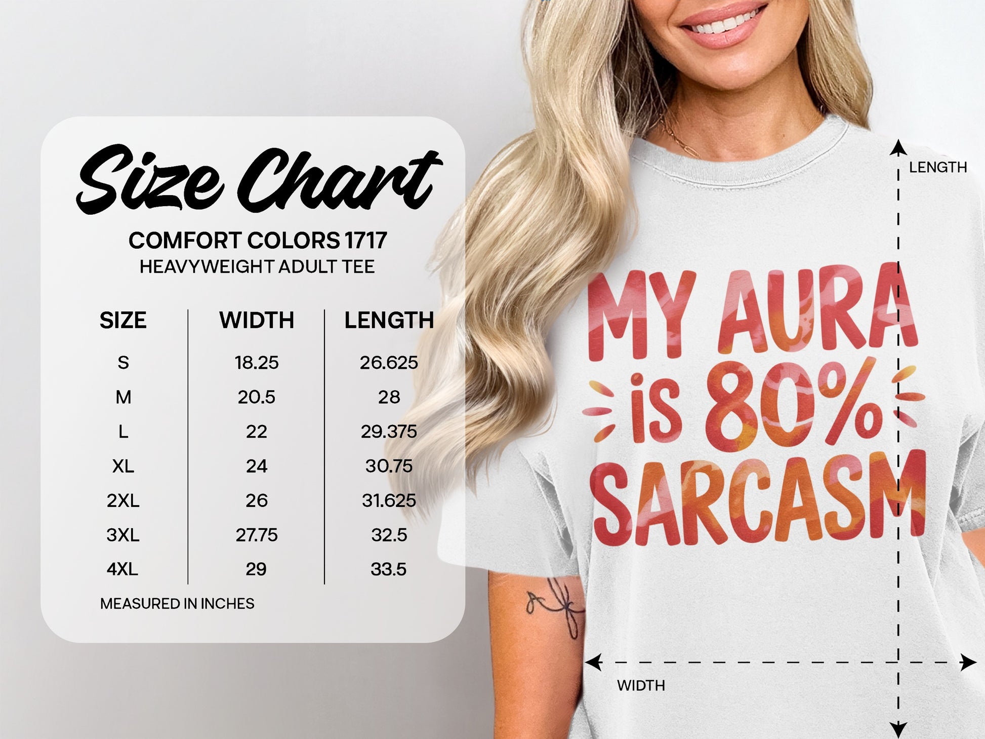Size chart for Comfort Colors 1717 heavyweight adult tee, with measurements.