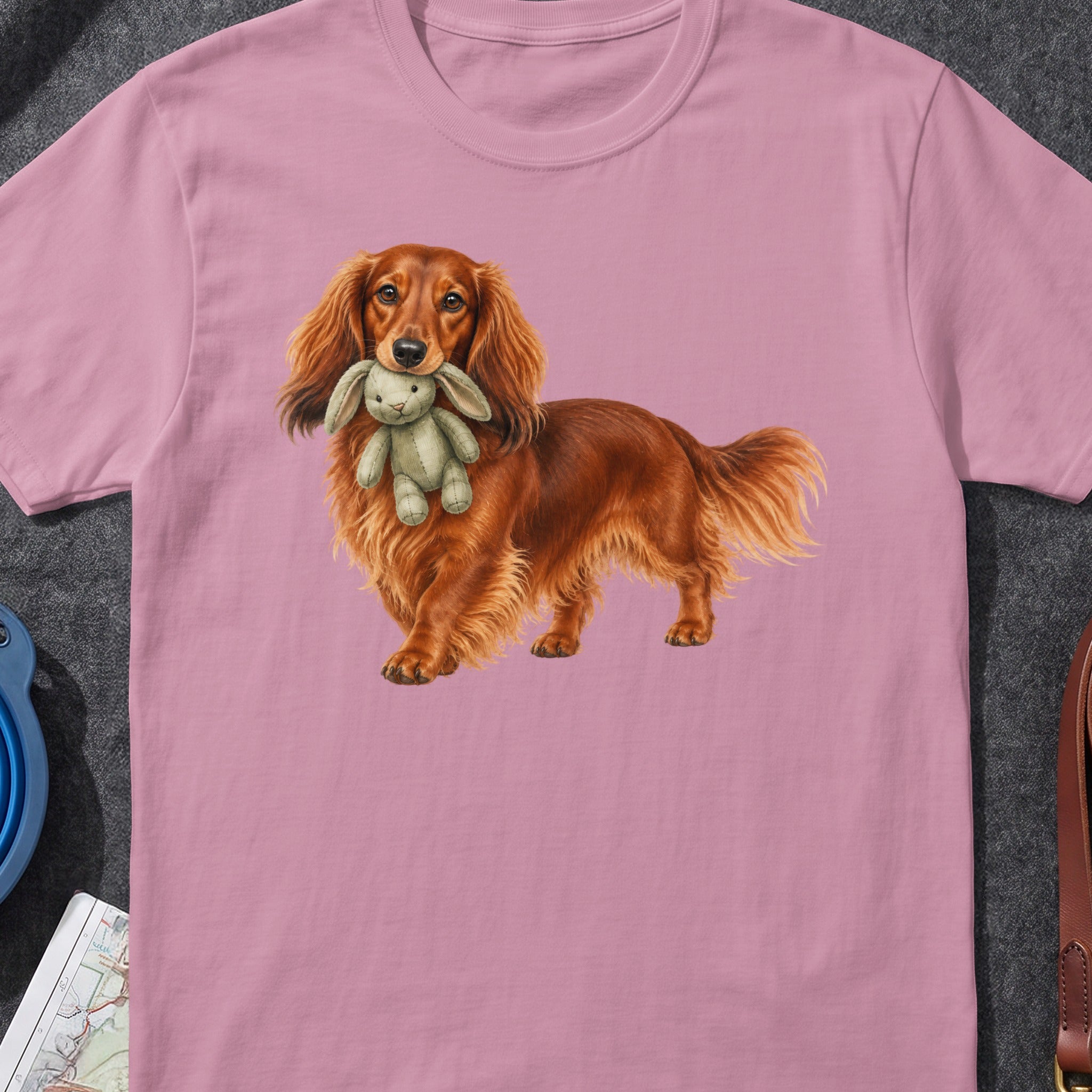 Long-haired brown dachshund holding a light green stuffed bunny in its mouth.
