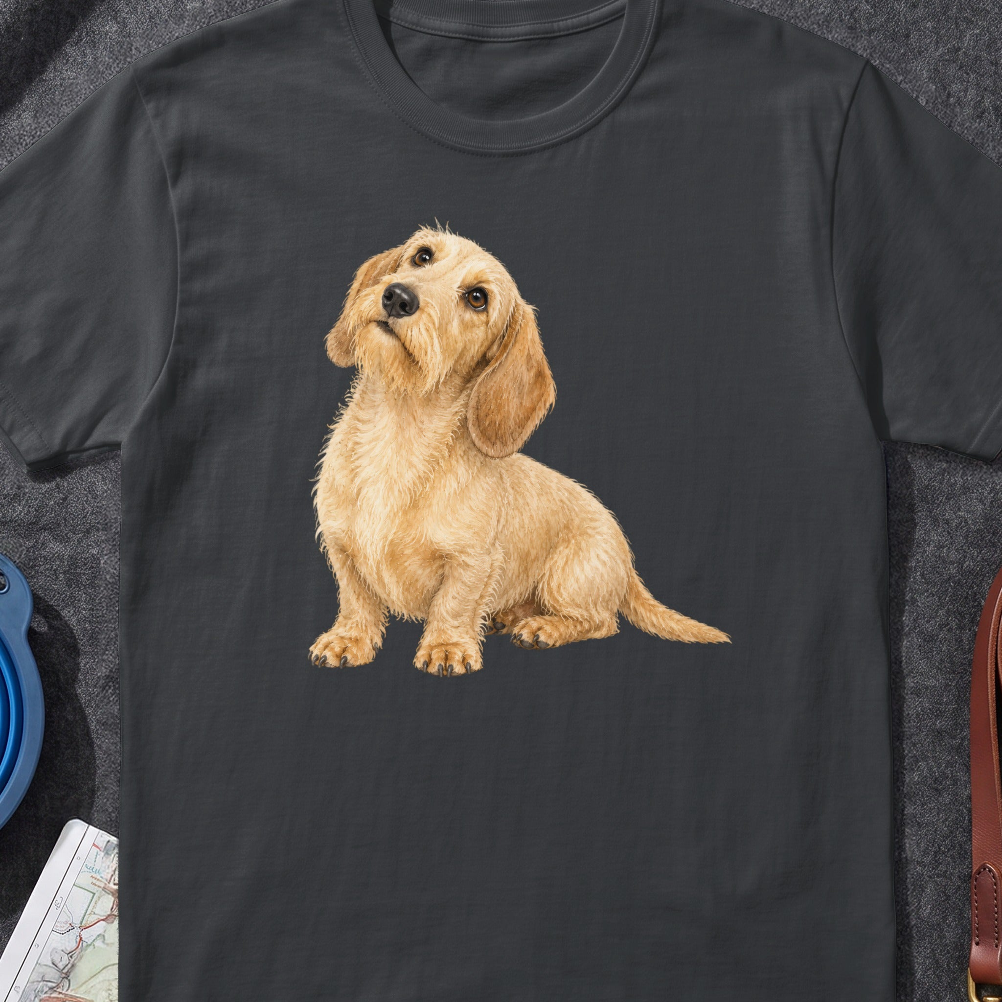 T-shirt with watercolor illustration of a shaggy blonde dachshund looking up attentively.