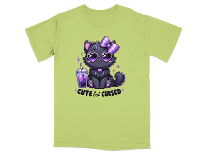 Black cat with heart sunglasses and a bow, holding a drink.
