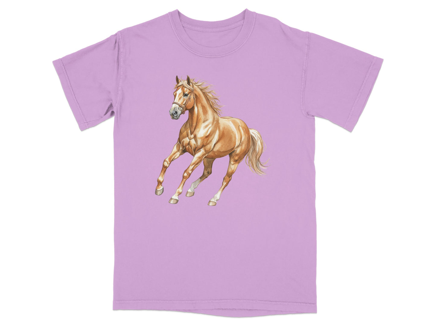 Light purple t-shirt with a watercolor illustration of a galloping bay horse.