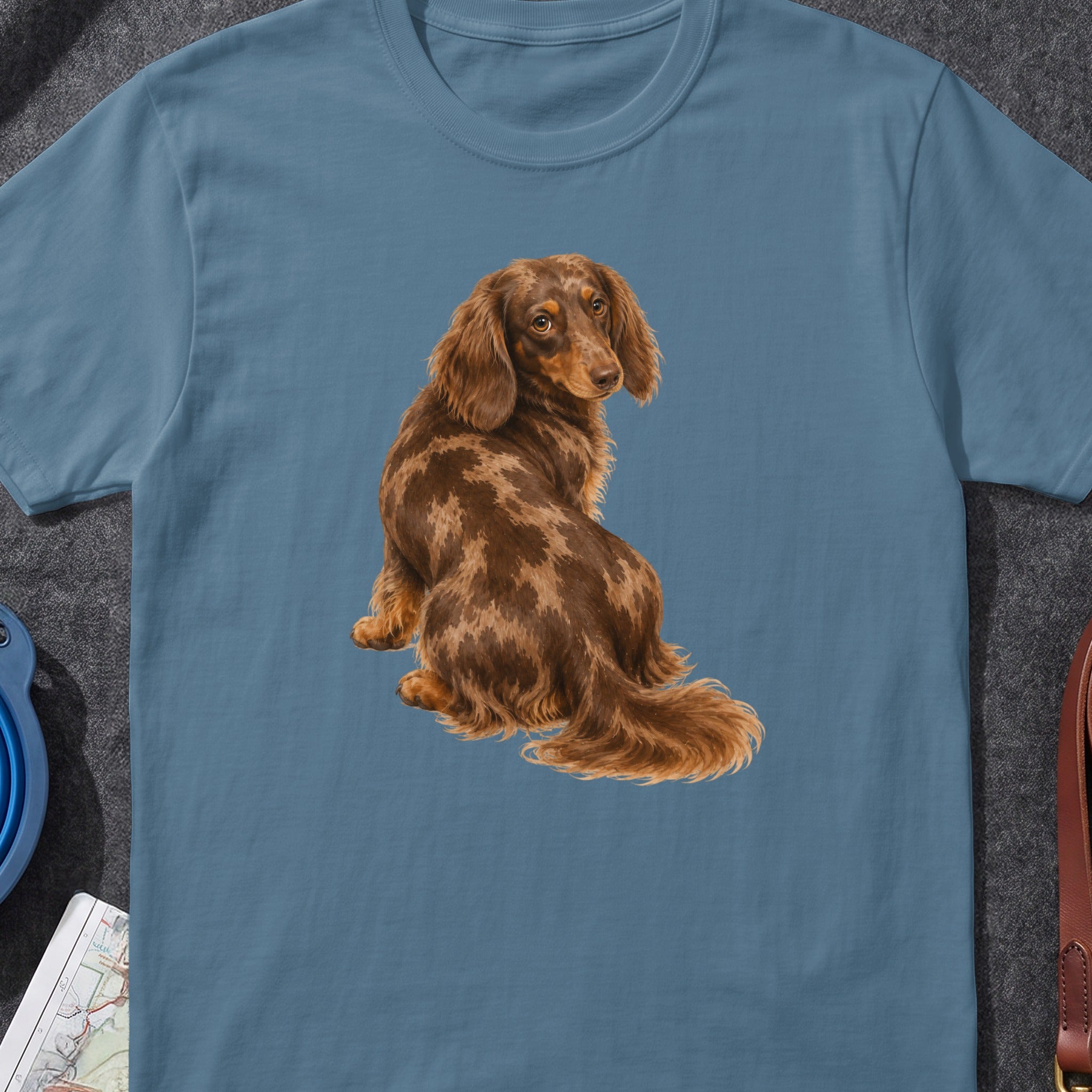 Dachshund illustration on a blue t-shirt, viewed from the back, seated.