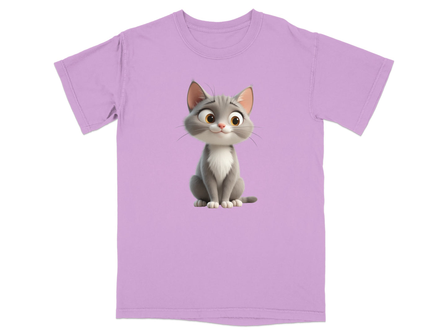T-shirt with a cartoon cat illustration on a light purple background.