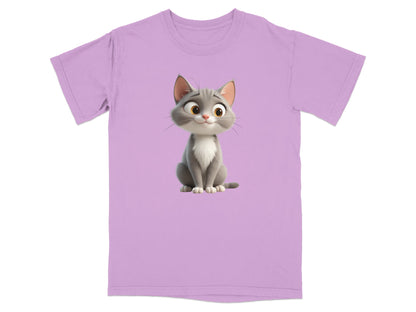 T-shirt with a cartoon cat illustration on a light purple background.