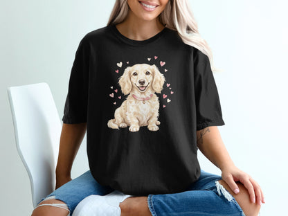 Black t-shirt featuring a light-colored dachshund surrounded by pink hearts.