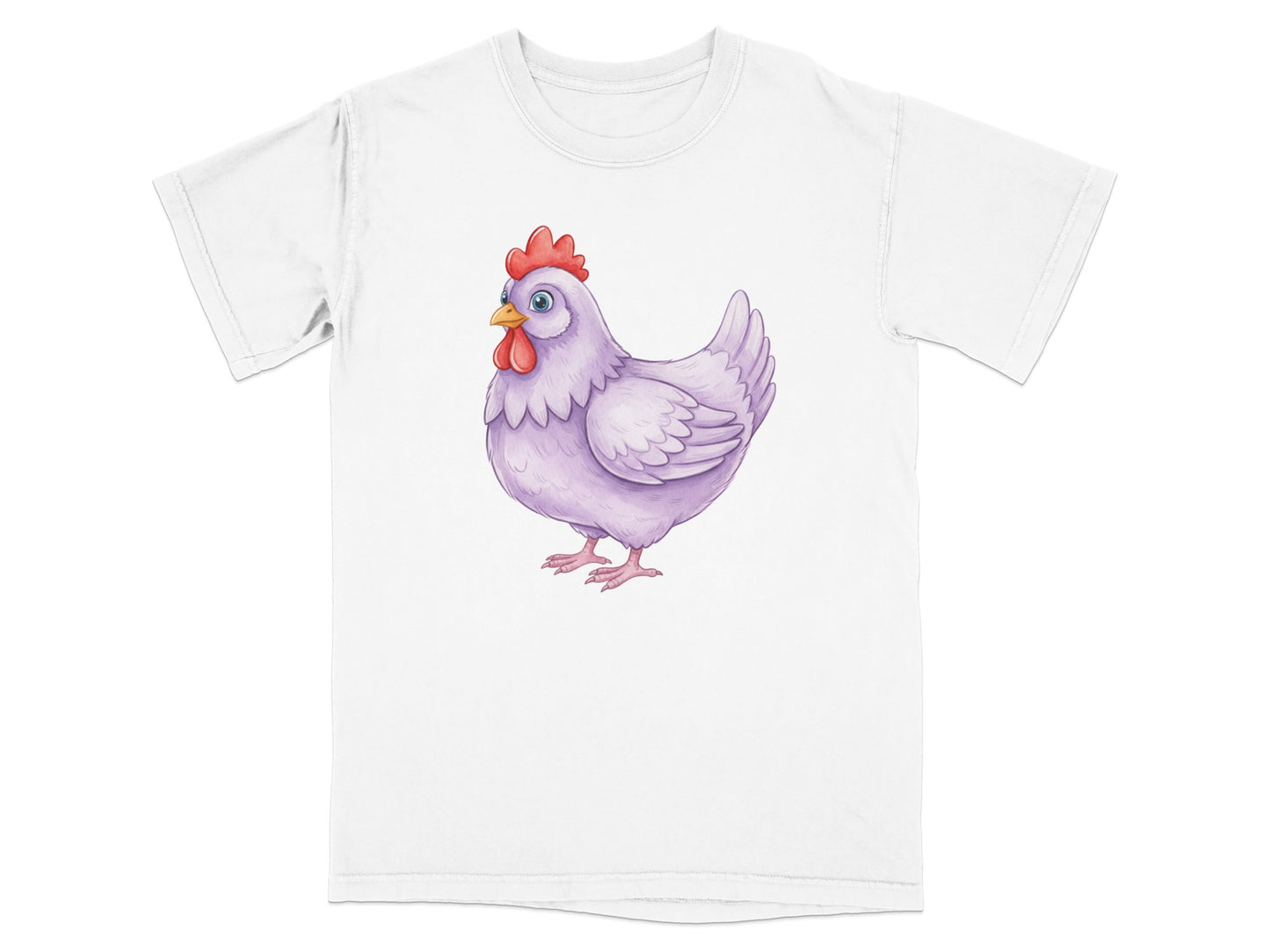 Illustration of a lavender chicken with a red comb on a white t-shirt.