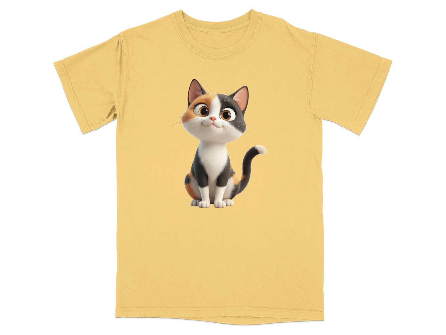 Yellow t-shirt with a cartoon calico cat illustration.